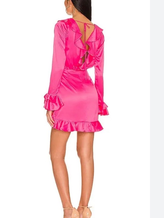 MAJORELLE Pink Satin Ruffle Wrap Nelly Mini Dress in Paradise Pink New with Tags - Picture 2 of 13